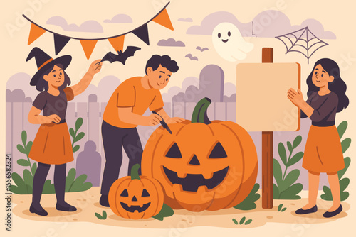 Happy people preparing for Halloween party celebration. Friends carving a big pumpkin jack-o-lantern, decorating yard with garland and bats. Blank sign for invitation. Flat vector illustration.