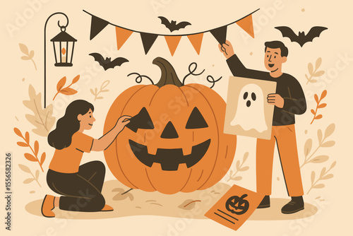 Halloween party preparation concept. Happy couple decorating for holiday celebration, carving big pumpkin Jack O' Lantern, hanging garland with bats. Modern flat vector cartoon illustration.