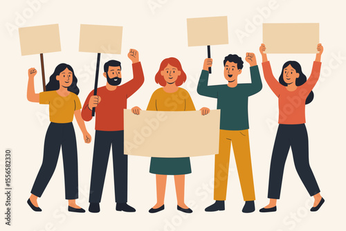 Diverse group of men and women holding blank banners and posters, participating in protest, rally, demonstration, activism, social movement, political parade, flat modern vector illustration