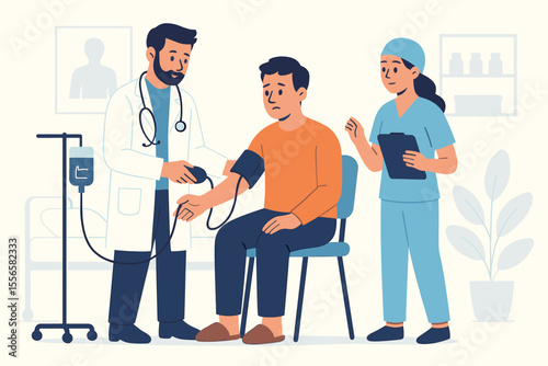 Medical examination in hospital. Doctor checks patient blood pressure. Nurse records results. Routine health checkup, patient care, healthcare teamwork, clinical visit, diagnosis, treatment concept