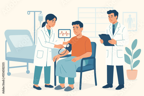 Hospital patient checkup vector. Doctor measures blood pressure, monitors heart rate. Medical examination, healthcare team, hospital room, routine health assessment, nurse, physician, clinical care.