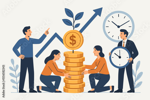 Investment management and financial growth vector concept. Business team working together on a strategy for monetary profit and success. Time is money metaphor, long-term savings, capital growth.