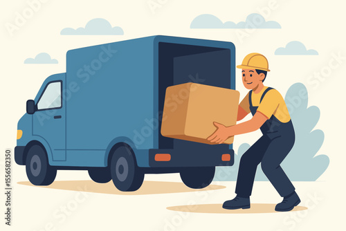 Delivery worker loading cardboard box into cargo van. Shipping, transportation, moving service. Courier in uniform and helmet handling package. Logistics, freight, delivery truck vector illustration.