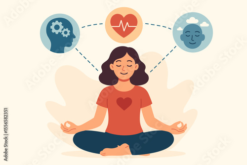 Meditation and Yoga Benefits Vector Illustration. Woman Practicing Mindfulness for Mental Health, Emotional Balance, Stress Relief, Cognitive Wellness. Modern Flat Design for Wellness Concepts