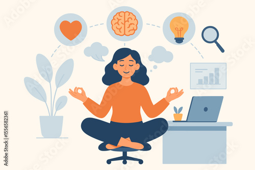Office Meditation Vector Illustration for Stress Relief, Mindfulness at Work, Mental Health, Emotional Balance, Productivity, Idea Generation, Workplace Wellness, Modern Flat Design