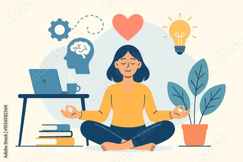 Mindfulness Meditation at Work Break Concept. Woman Practicing Yoga for Mental Health, Stress Relief, Emotional Balance, Productivity, Idea Generation, Wellness, Focus, Office Relaxation, Self Care
