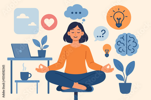 Mindfulness Meditation at Work Break for Mental Health, Emotional Balance, Idea Generation, Stress Relief, Productivity, Focus, Wellness, Office Relaxation, Modern Flat Vector Illustration