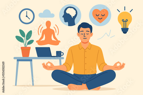 Office Meditation Break Vector Illustration. Mindfulness at Work, Stress Relief, Mental Health, Emotional Balance, Productivity, Creativity, Wellness, Yoga, Relaxation, Healthy Workplace Concept
