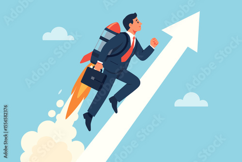Businessman with Jetpack Flying Upward on Arrow, Career Growth, Motivation, Success, Leadership, Ambition, Achievement, Innovation, Professional Progress, Modern Flat Vector Illustration