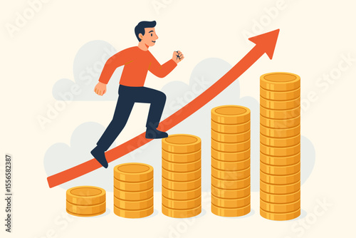 Financial growth concept with man running up a rising arrow over a coin stack bar chart. Metaphor for career success, investment profit, income increase, motivation, ambition.