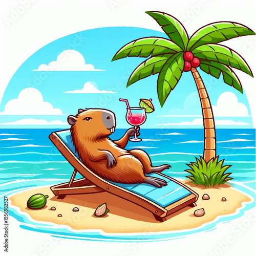 An illustration of a capybara lying on a chaise longue by the ocean under a palm tree and drinking a cocktail. Vector graphics. EPS.	