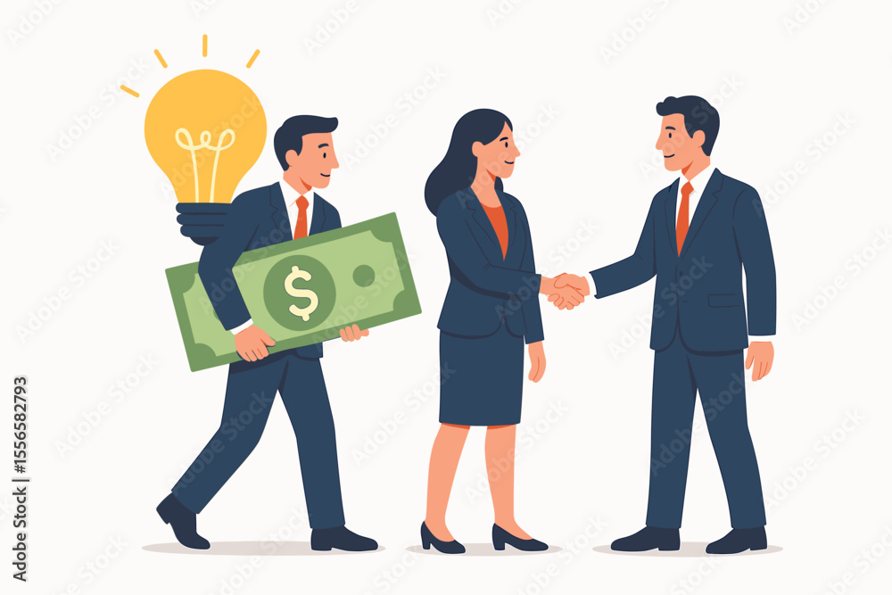 Obraz premium Business investment teamwork concept. Investor funding creative ideas. Successful team partnership. Businesspeople shaking hands, holding money and light bulb. Financing innovation, startup project.