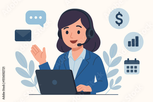Virtual Business Assistant Woman with Headset Working on Laptop. Customer Support, Online Helpdesk, Communication, Remote Work, Technical Assistance, Modern Office Concept, Flat Vector Illustration
