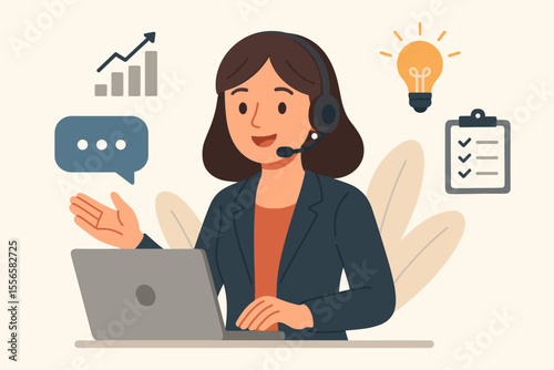 Virtual business assistant at laptop with headset, online communication, customer support, remote work, productivity, chat bubble, checklist, analytics, idea, modern flat cartoon vector illustration
