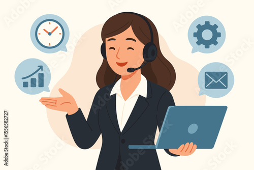 Virtual Business Assistant Woman with Headset and Laptop, Modern Flat Vector Illustration, Productivity, Time Management, Email, Growth, Settings, Remote Office Support, Customer Service Concept