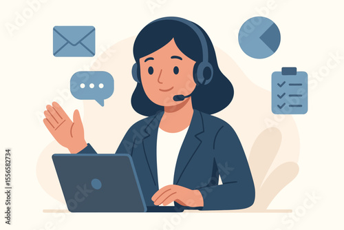 Friendly virtual business assistant woman with headset at laptop, online customer support, remote helpdesk, communication, email, chat, checklist, flat cartoon vector illustration, office concept
