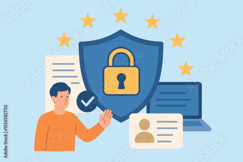 GDPR Data Protection Regulation Concept. Personal Data Security, Privacy Policy, User Consent, European Union Law, Information Protection, Digital Identity, Secure Access, Compliance Illustration