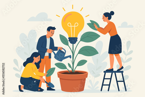Teamwork nurturing creative ideas growth. Business people cultivating potted plant with light bulb. Innovation, brainstorming, collaboration, success concept. Modern flat vector illustration