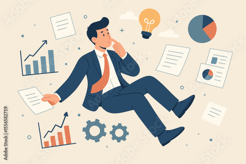 Businessman Floating in Zero Gravity Office, Analyzing Data Charts, Brainstorming Ideas, Document Management, Business Analytics, Creative Problem Solving, Modern Corporate Concept Illustration