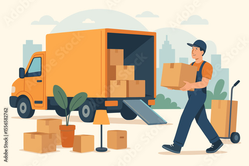 Moving service concept with delivery truck, mover carrying boxes, packing, loading, unloading, relocation, transport, urban background, house moving, logistics, modern flat vector illustration