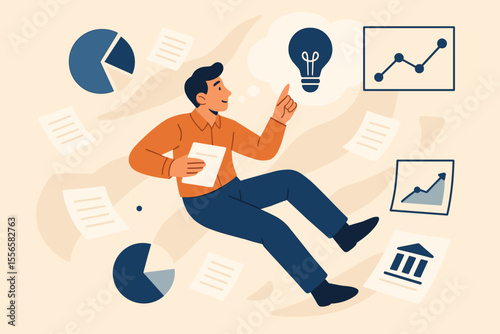 Businessman brainstorming ideas in zero gravity office. Creative thinking, document management, analytics, data charts, company growth, innovation, productivity, workplace strategy concept