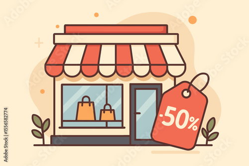 Modern flat vector illustration of retail store with striped awning, shopping bags in window, and large 50 percent discount sale tag. Shop promotion, seasonal sale, marketing banner, flyer concept