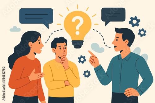 Teamwork brainstorming concept. Group discussion, creative idea generation, collaborative problem solving, communication, business meeting, innovation, teamwork, flat vector illustration.