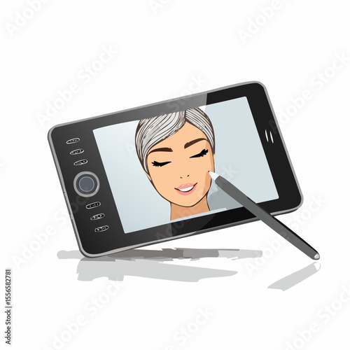 A digital tablet with stylus drawing a face
