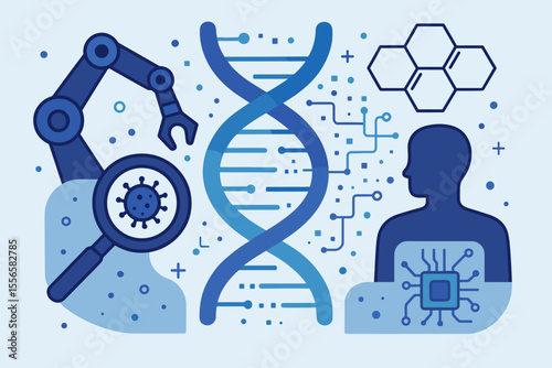 Nanotechnology and DNA Structure Vector Illustration. Biotechnology, Artificial Intelligence, Robotics, Human Genome, Virus Research, Digital Science, Molecular Engineering, Medical Innovation Concept