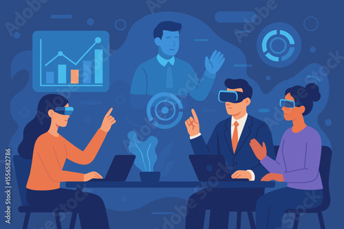 Modern Business Meeting with Augmented Reality Glasses, Team Collaboration Using Virtual Technology, Data Analysis, Digital Communication, Futuristic Office, Innovation, Corporate Strategy