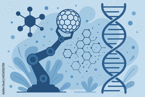 Nanotechnology Innovation Vector Illustration. Robotic Arm Manipulating Molecule, DNA Helix, Molecular Structure, Biotechnology, Genetic Engineering, Science Concept, Modern Flat Design