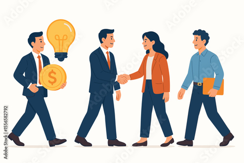 Business team partnership concept. Investor holding coin and lightbulb idea. Successful teamwork, creative project funding, handshake agreement, collaboration, finance, investment, entrepreneurship