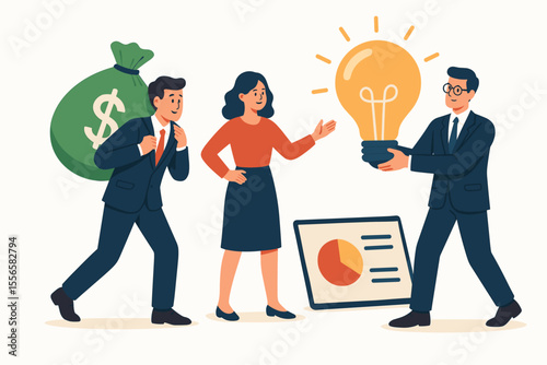 Business team collaboration investing in creative ideas. Investor funding innovation. Colleagues teamwork, money bag, lightbulb, analytics chart. Startup finance, partnership, brainstorming concept.