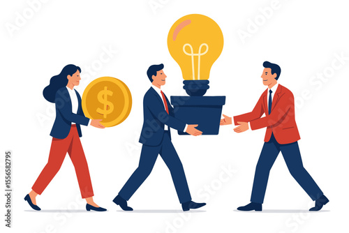 Business team collaboration for startup funding. Investor woman gives money coin for a creative lightbulb idea. Venture capital financing for innovative projects. Partnership concept.