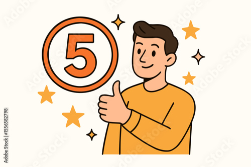 Five star rating vector illustration. Cartoon man giving thumbs up for excellent service, best performance, high quality feedback, top review, customer satisfaction, achievement concept, flat design