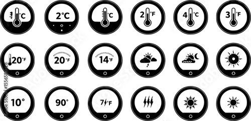 Thermostat ui icons set. Set of simple black round icons showing different temperatures in celsius and fahrenheit, ideal for representing temperature control in various contexts