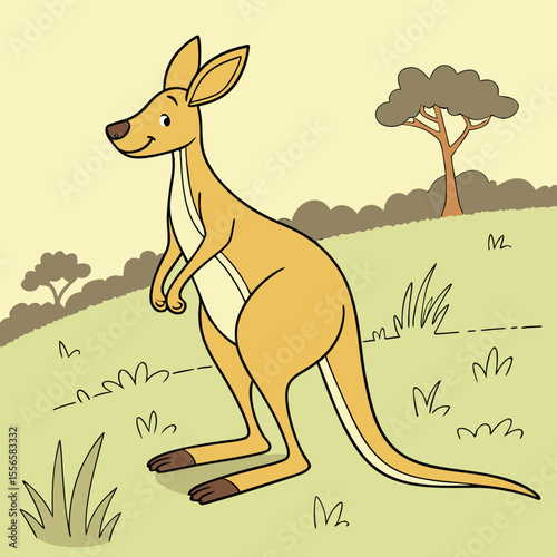 Cute cartoon kangaroo vector illustration at sunset in the wild