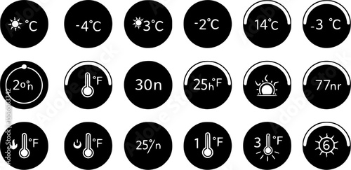 Thermostat ui icons set. Set of simple black round icons showing different temperatures in celsius and fahrenheit, ideal for representing temperature control in various contexts
