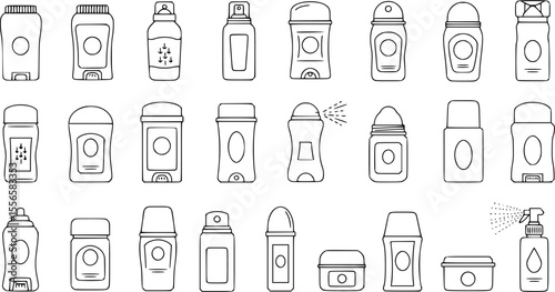Antiperspirant bottles icons set. Outline illustrations of various deodorant container designs
