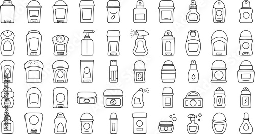 Antiperspirant bottles icons set. Outline illustrations of various deodorant container designs
