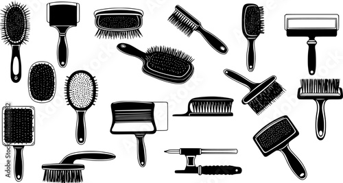 Pet brushes in various shapes and sizes, designed for grooming different types of animals, promoting hygiene and well being
