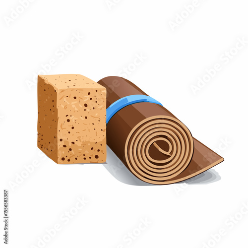 A rolled yoga strap beside a cork block
