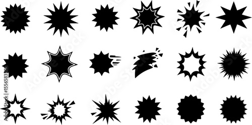 Starburst price icons set. Burst icons represent exploding and shattering objects, indicating sudden releases of energy or destruction
