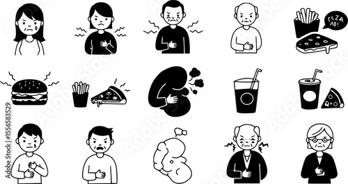 Bloating icons set. Diverse individuals experiencing stomach problems after consuming various junk food items, highlighting the negative impact of unhealthy eating habits on digestive health