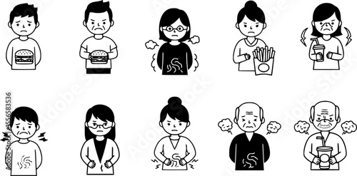 Bloating icons set. Diverse individuals experiencing stomach problems after consuming various junk food items, highlighting the negative impact of unhealthy eating habits on digestive health