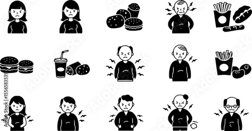 Bloating icons set. Diverse individuals experiencing stomach problems after consuming various junk food items, highlighting the negative impact of unhealthy eating habits on digestive health