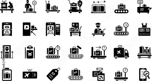 Luggage screening icons set. Colorful icons depicting various aspects of airport luggage handling, including security checks, baggage claim, and weight measurement