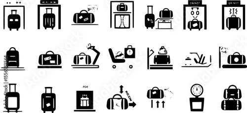 Luggage screening icons set. Colorful icons depicting various aspects of airport luggage handling, including security checks, baggage claim, and weight measurement
