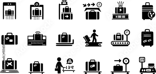 Luggage screening icons set. Colorful icons depicting various aspects of airport luggage handling, including security checks, baggage claim, and weight measurement