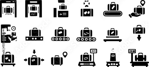 Luggage screening icons set. Colorful icons depicting various aspects of airport luggage handling, including security checks, baggage claim, and weight measurement
